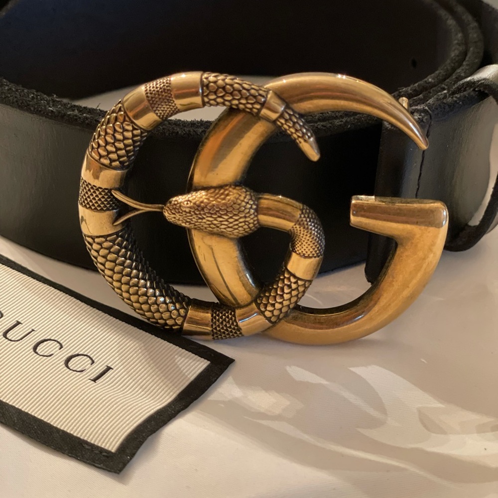 Leather belt w/  Double G buckle with snake, 95